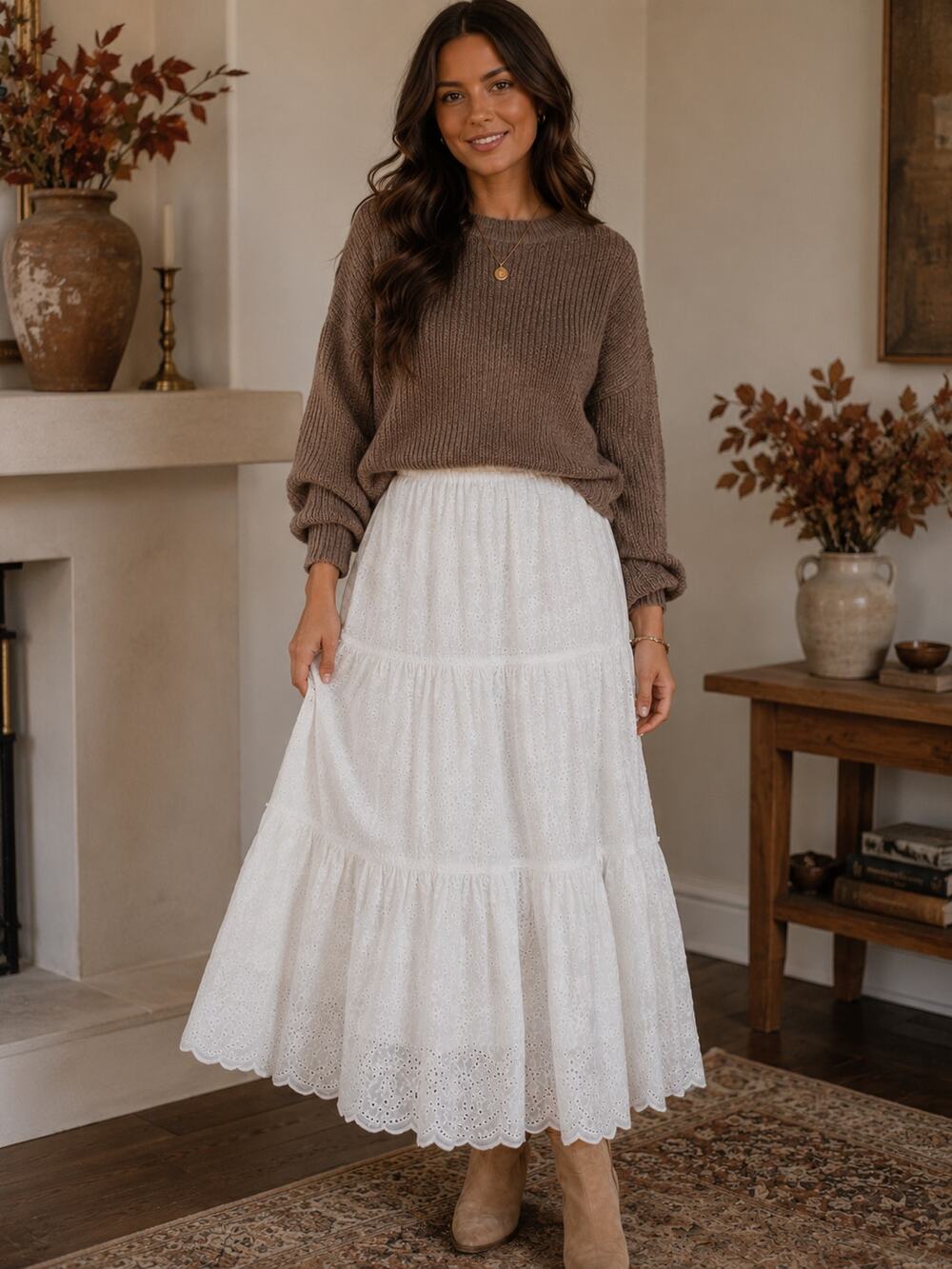 Francesca's White Cotton Eyelet Tiered Bohemian Maxi Skirt - Size Large